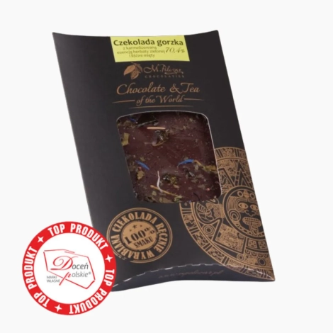 Czekolada gorzka 70,4% z karmelizowaną esencją herbaty zielonej i liśćmi mięty 85g